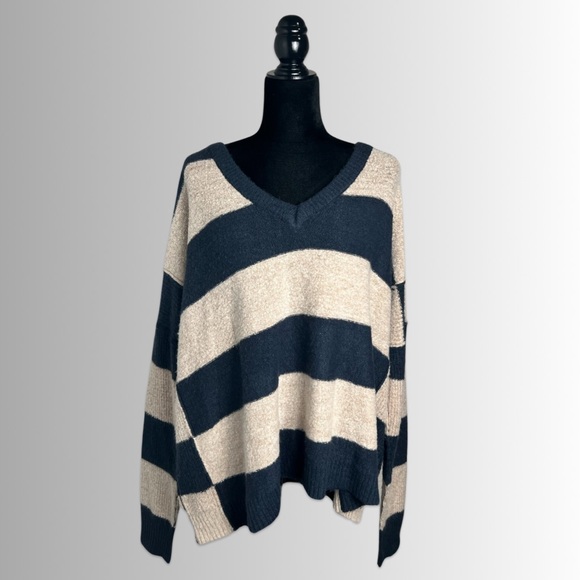 Lumiere Sweaters - Lumiere Navy Blue & Cream Striped Super Soft Oversized V-Neck Knit Sweater, Med